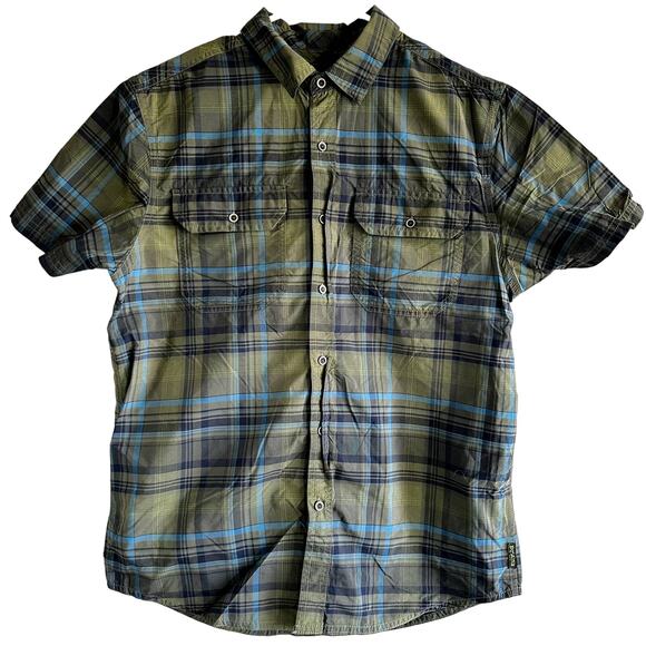 Prana Cayman Plaid Button Up Shirt Short Sleeve Chest Pockets Green Blue Small - Picture 2 of 6